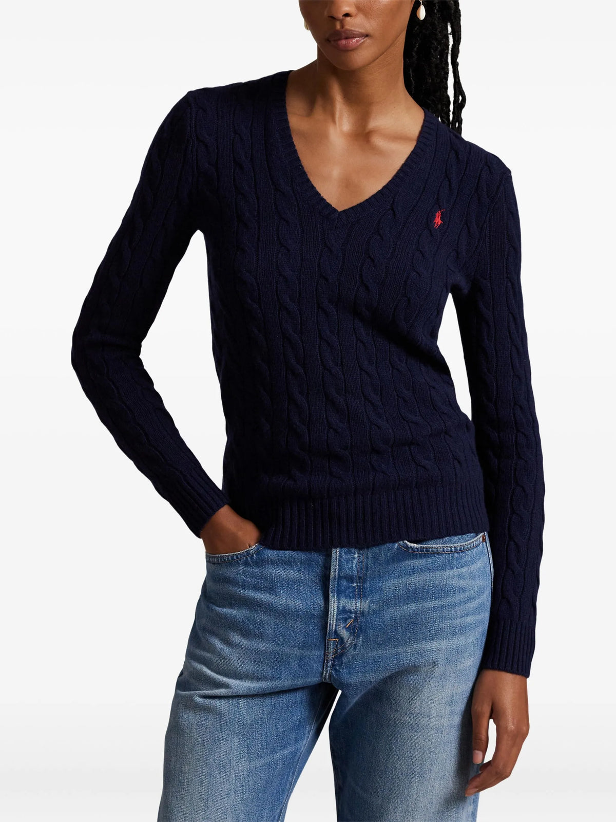 RALPH LAUREN WOMEN Cable-Knit Wool-Cashmere V-Neck Sweater Hunter Navy