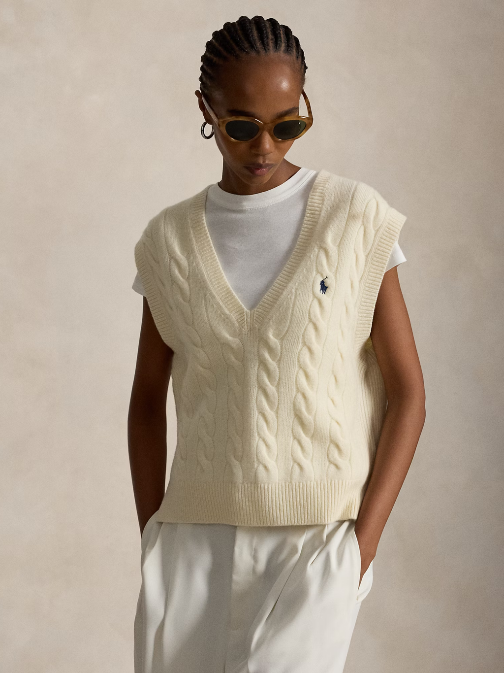 RALPH LAUREN WOMEN Cable-Knit Wool-Cashmere Sweater Vest Authentic Cream