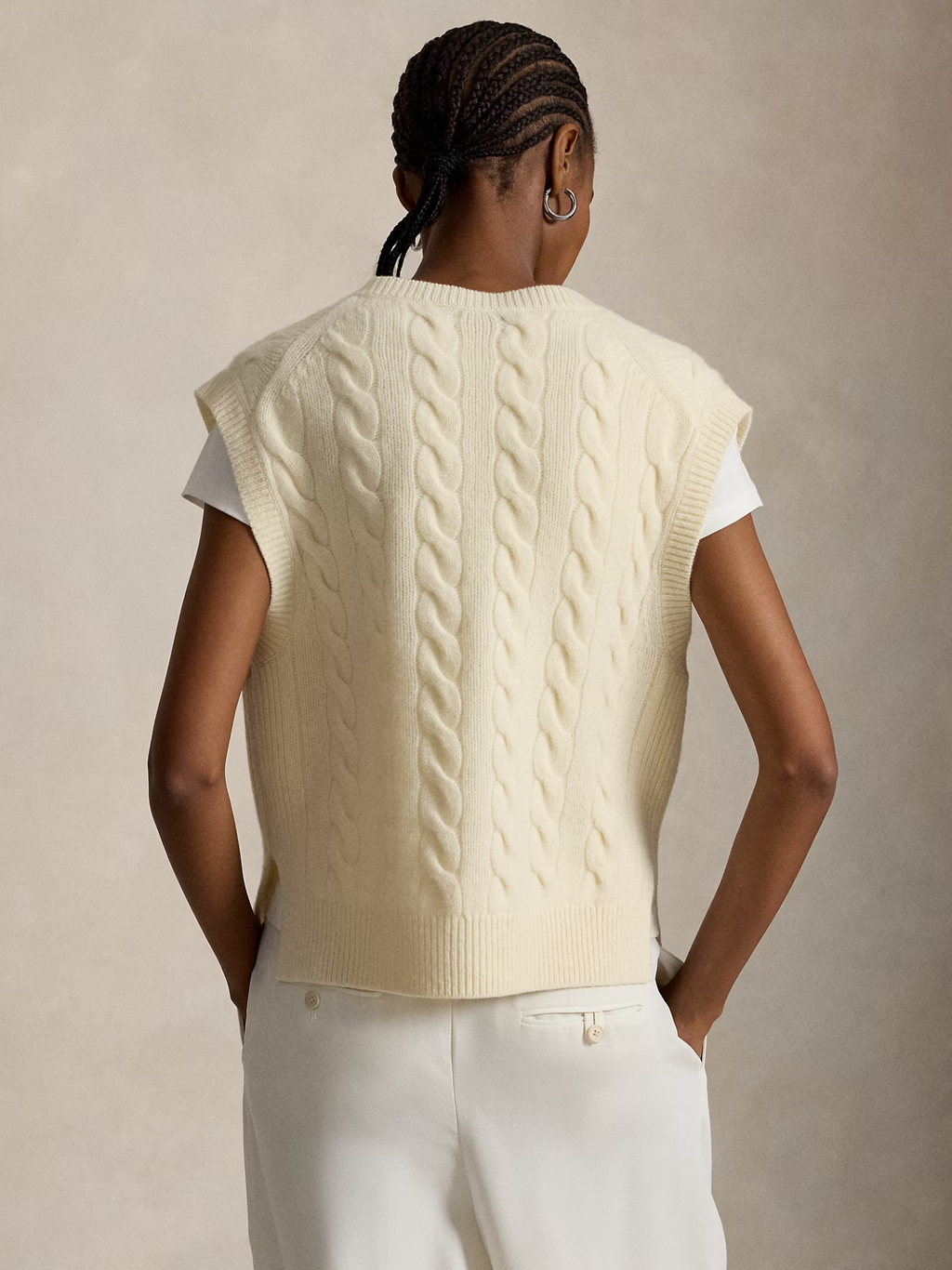 RALPH LAUREN WOMEN Cable-Knit Wool-Cashmere Sweater Vest Authentic Cream
