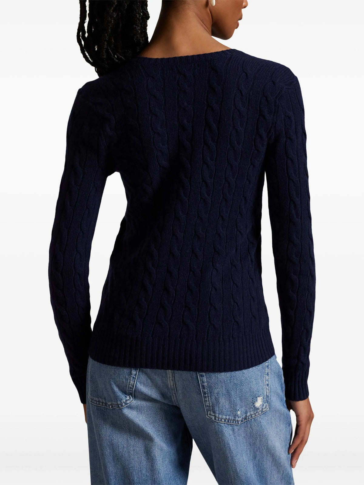 RALPH LAUREN WOMEN Cable-Knit Wool-Cashmere V-Neck Sweater Hunter Navy