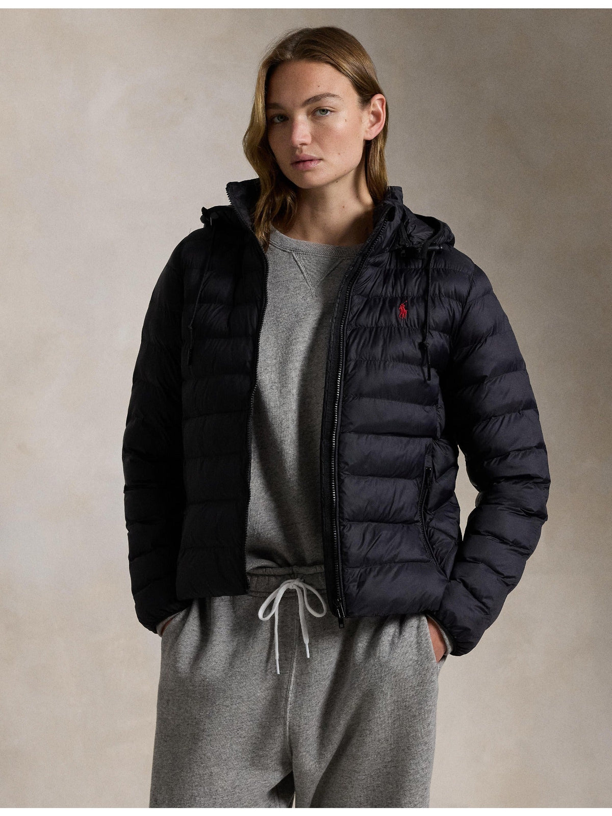 RALPH LAUREN WOMEN Water-Resistant Packable Hooded Jacket Polo Black