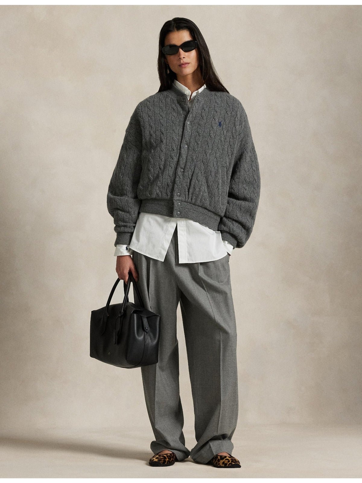 RALPH LAUREN WOMEN Cable-Knit Wool-Cashmere Bomber Jacket Antique Heather