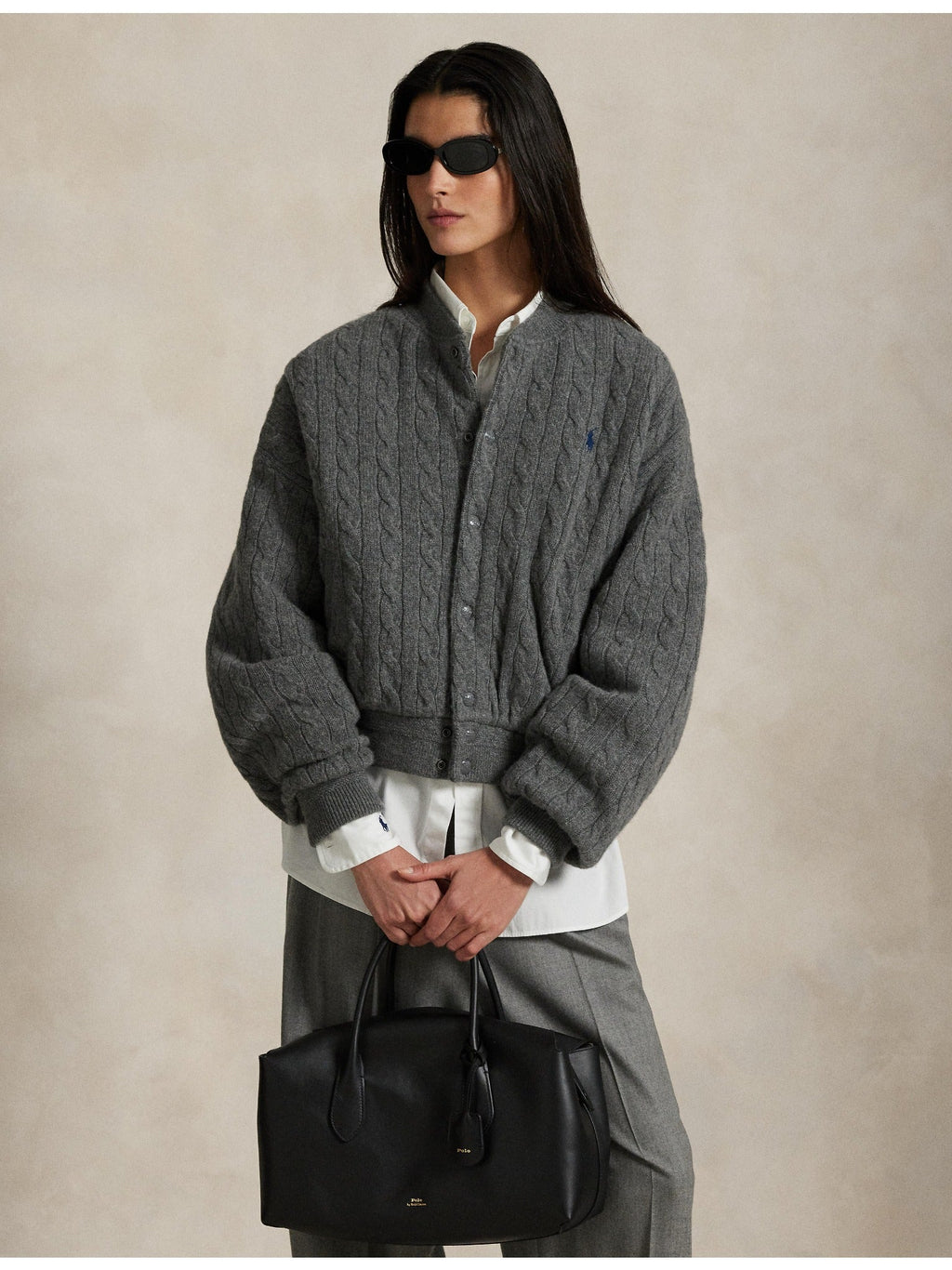 RALPH LAUREN WOMEN Cable-Knit Wool-Cashmere Bomber Jacket Antique Heather