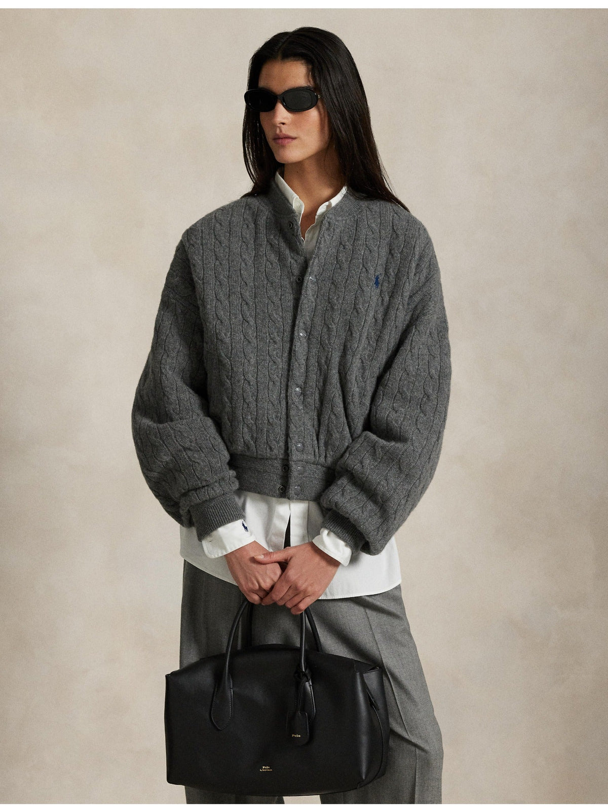 RALPH LAUREN WOMEN Cable-Knit Wool-Cashmere Bomber Jacket Antique Heather