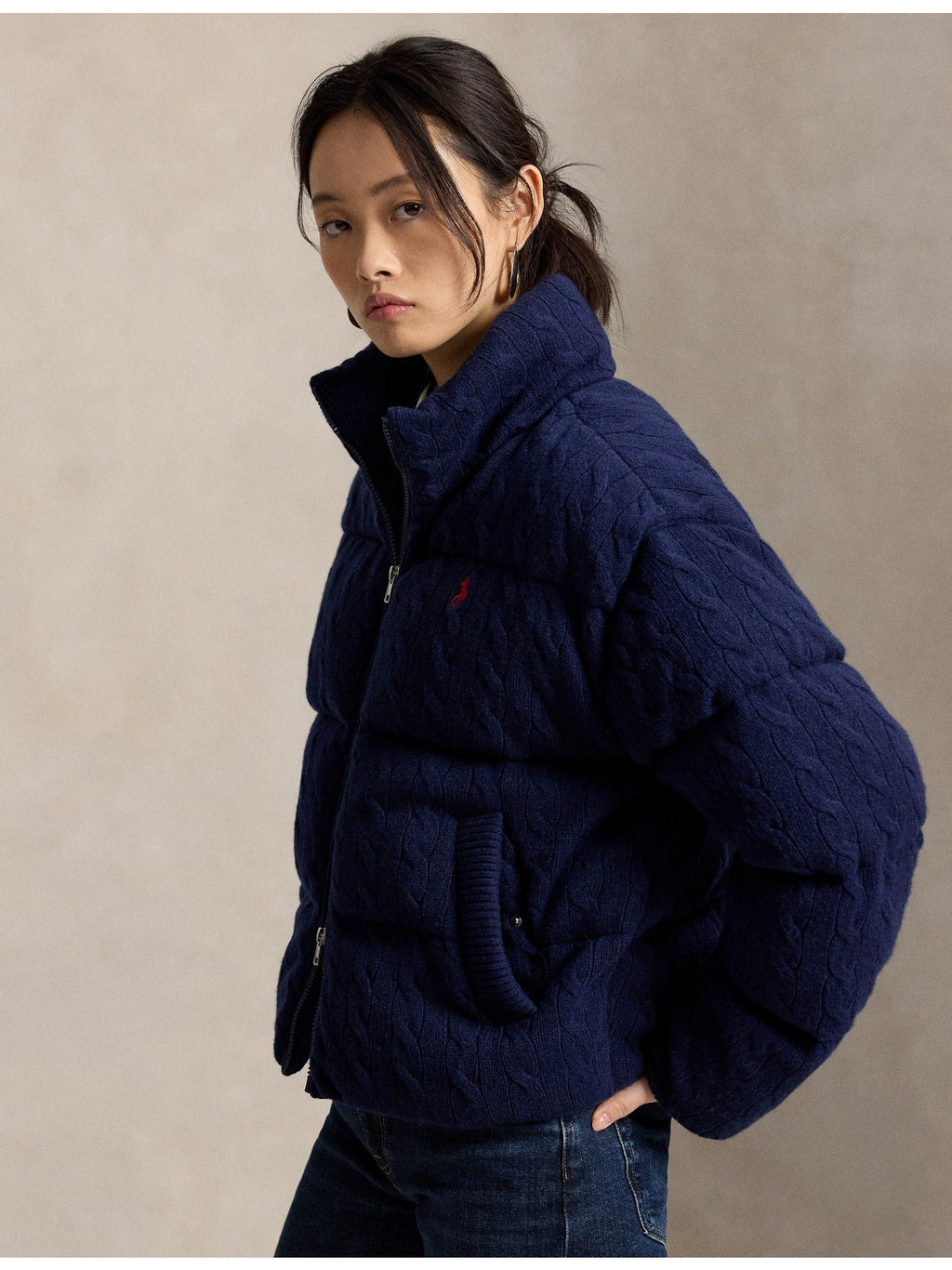 RALPH LAUREN WOMEN Cable Wool-Cashmere Puffer Jacket Spring Navy Heather