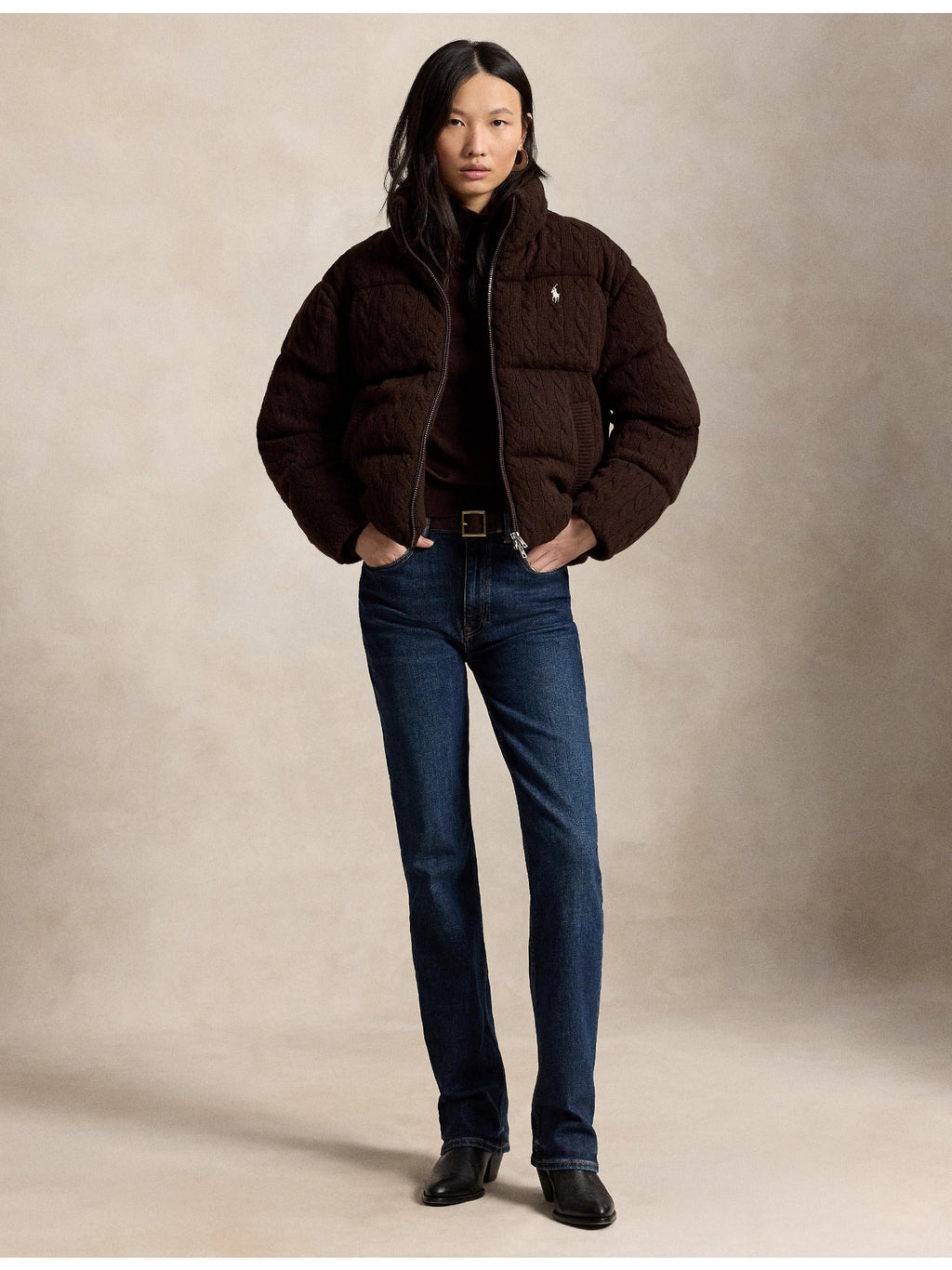 RALPH LAUREN WOMEN Cable Wool-Cashmere Puffer Jacket Walnut Brown Melange
