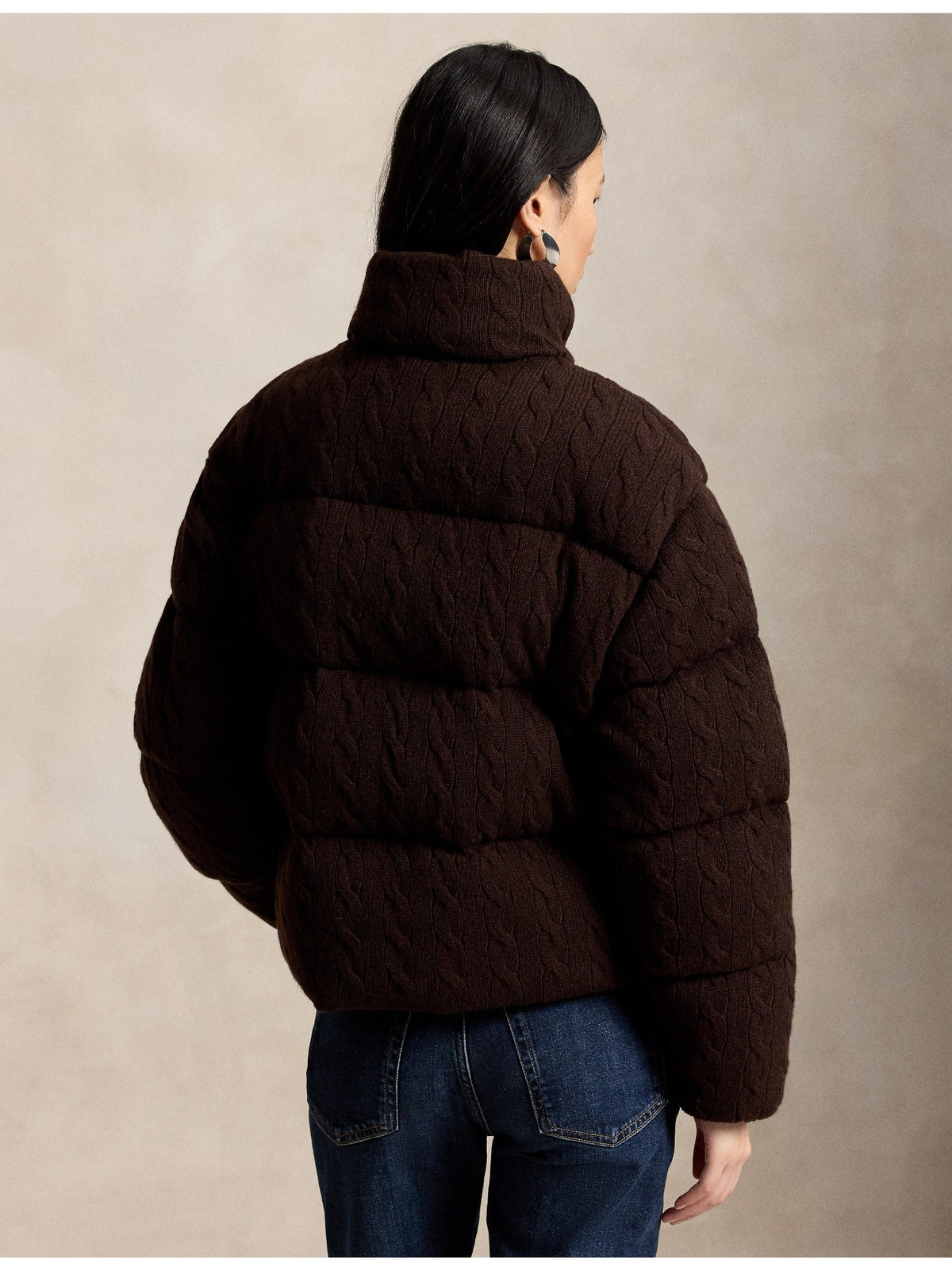 RALPH LAUREN WOMEN Cable Wool-Cashmere Puffer Jacket Walnut Brown Melange