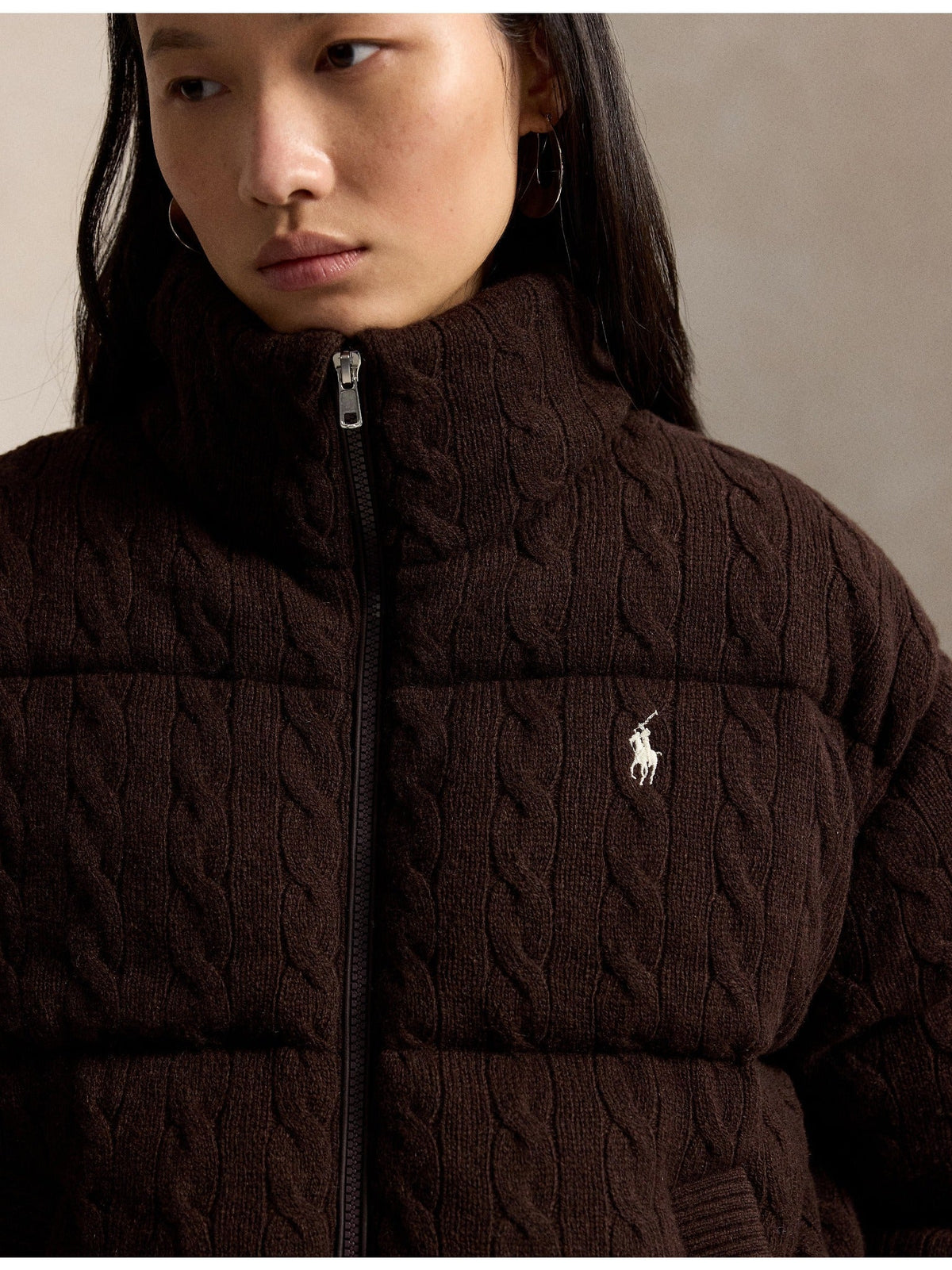 RALPH LAUREN WOMEN Cable Wool-Cashmere Puffer Jacket Walnut Brown Melange