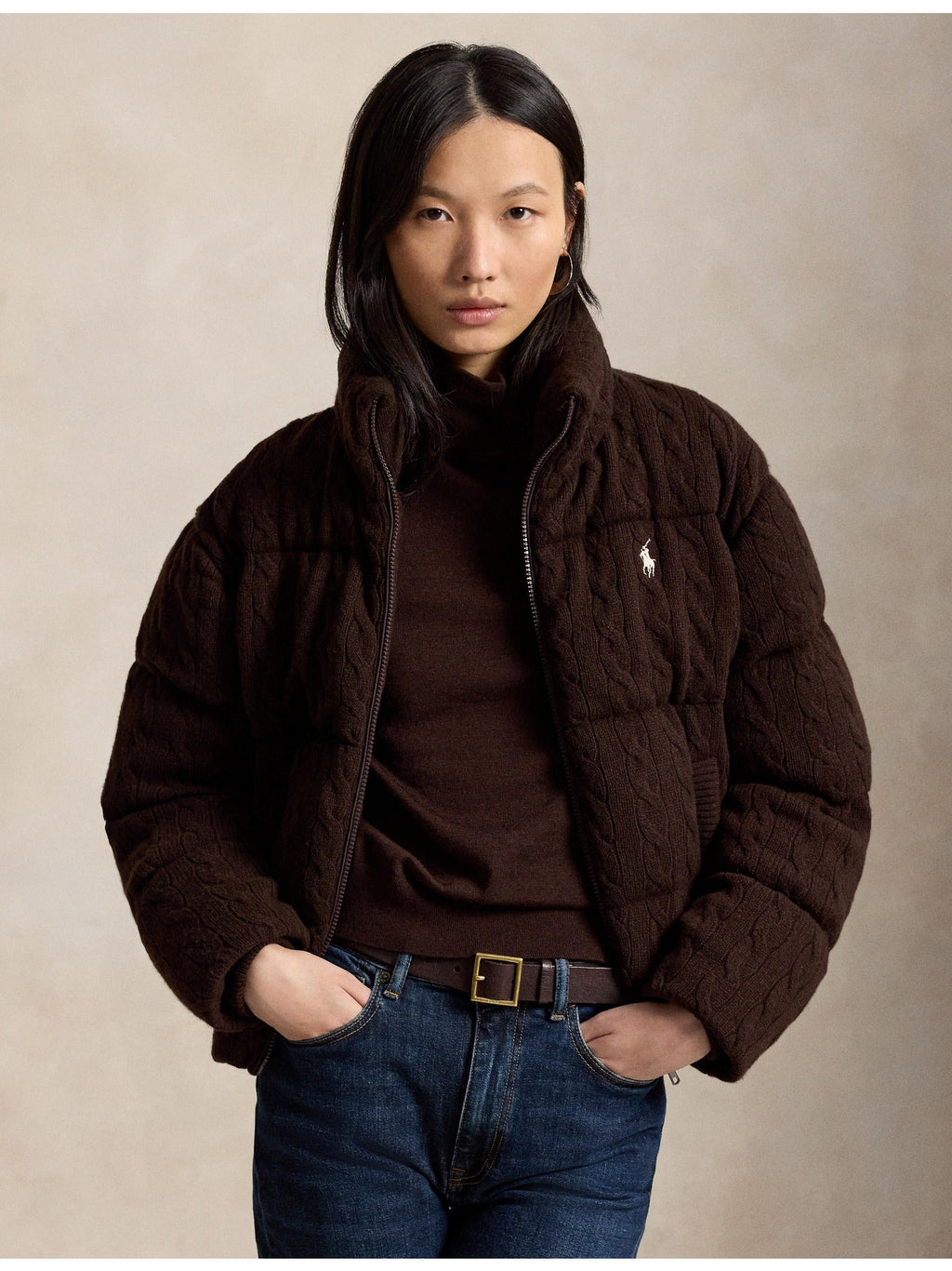 RALPH LAUREN WOMEN Cable Wool-Cashmere Puffer Jacket Walnut Brown Melange