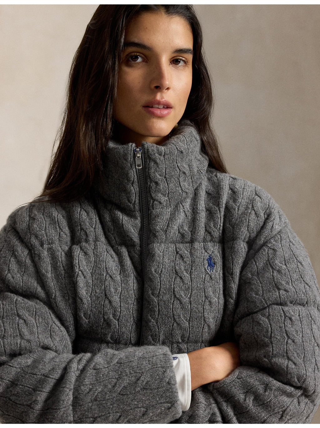 RALPH LAUREN WOMEN Cable Wool-Cashmere Puffer Jacket Flannel Grey Heather