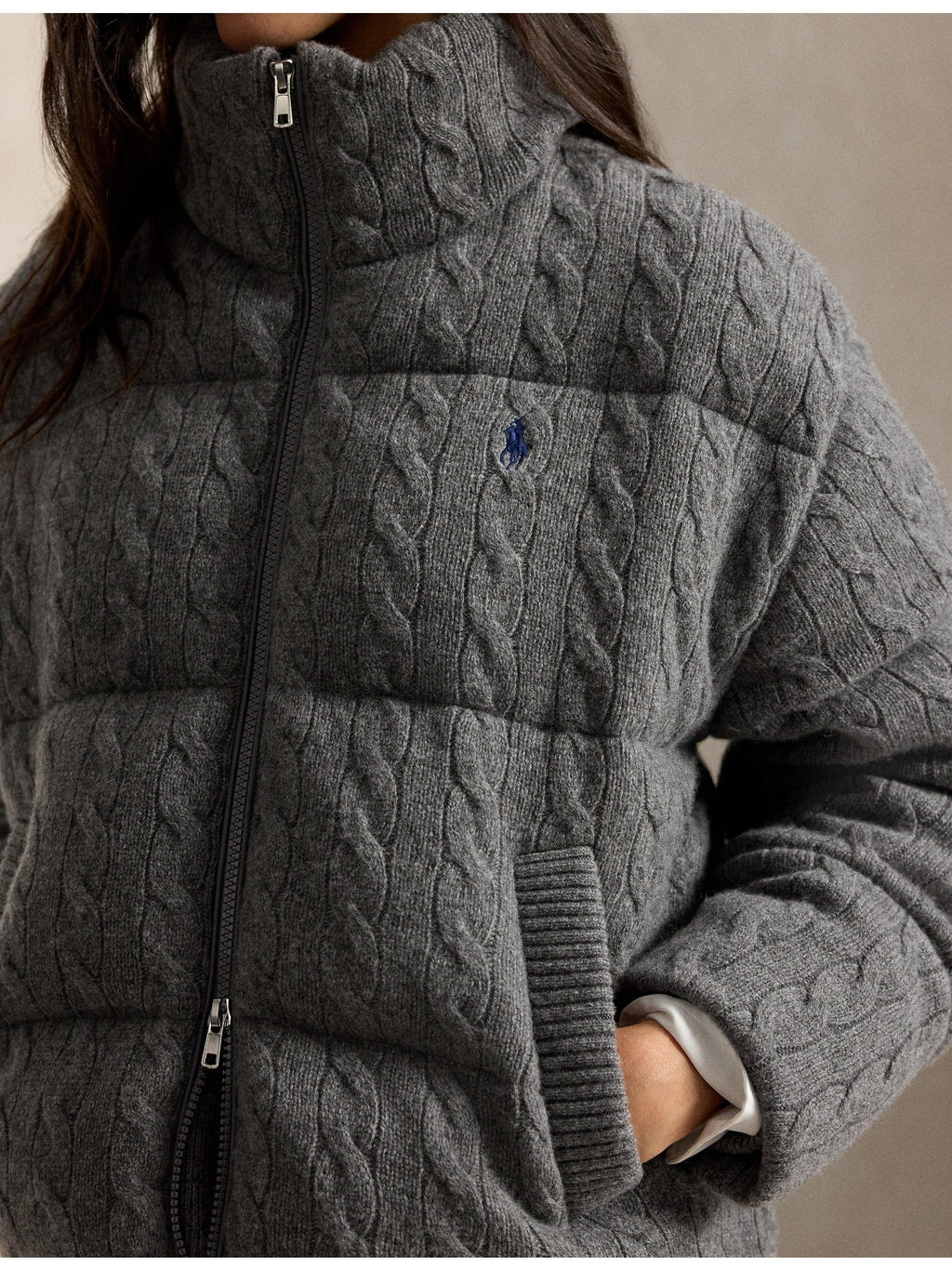 RALPH LAUREN WOMEN Cable Wool-Cashmere Puffer Jacket Flannel Grey Heather