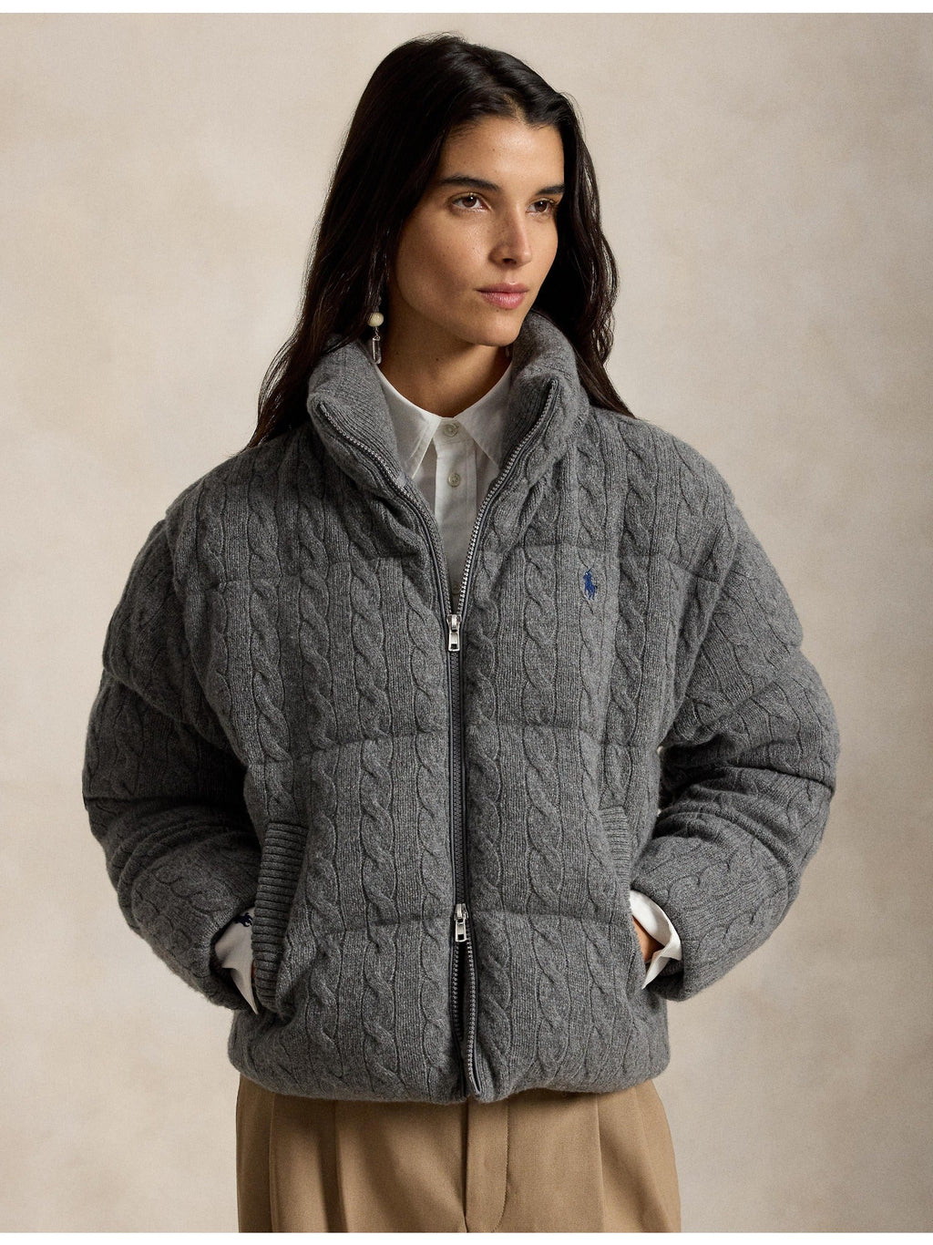 RALPH LAUREN WOMEN Cable Wool-Cashmere Puffer Jacket Flannel Grey Heather