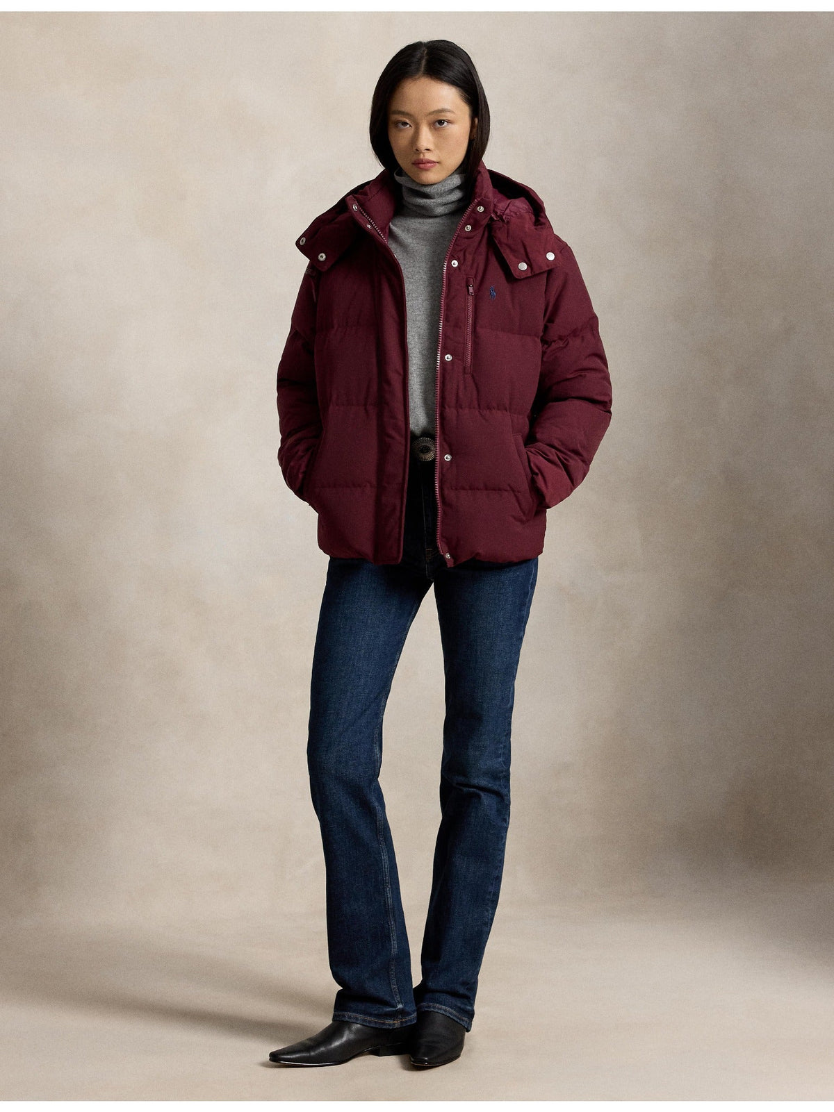 RALPH LAUREN WOMEN Mid-Weight Down Puffer Jacket Classic Wine