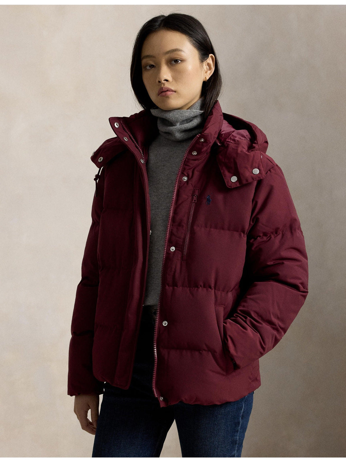 RALPH LAUREN WOMEN Mid-Weight Down Puffer Jacket Classic Wine