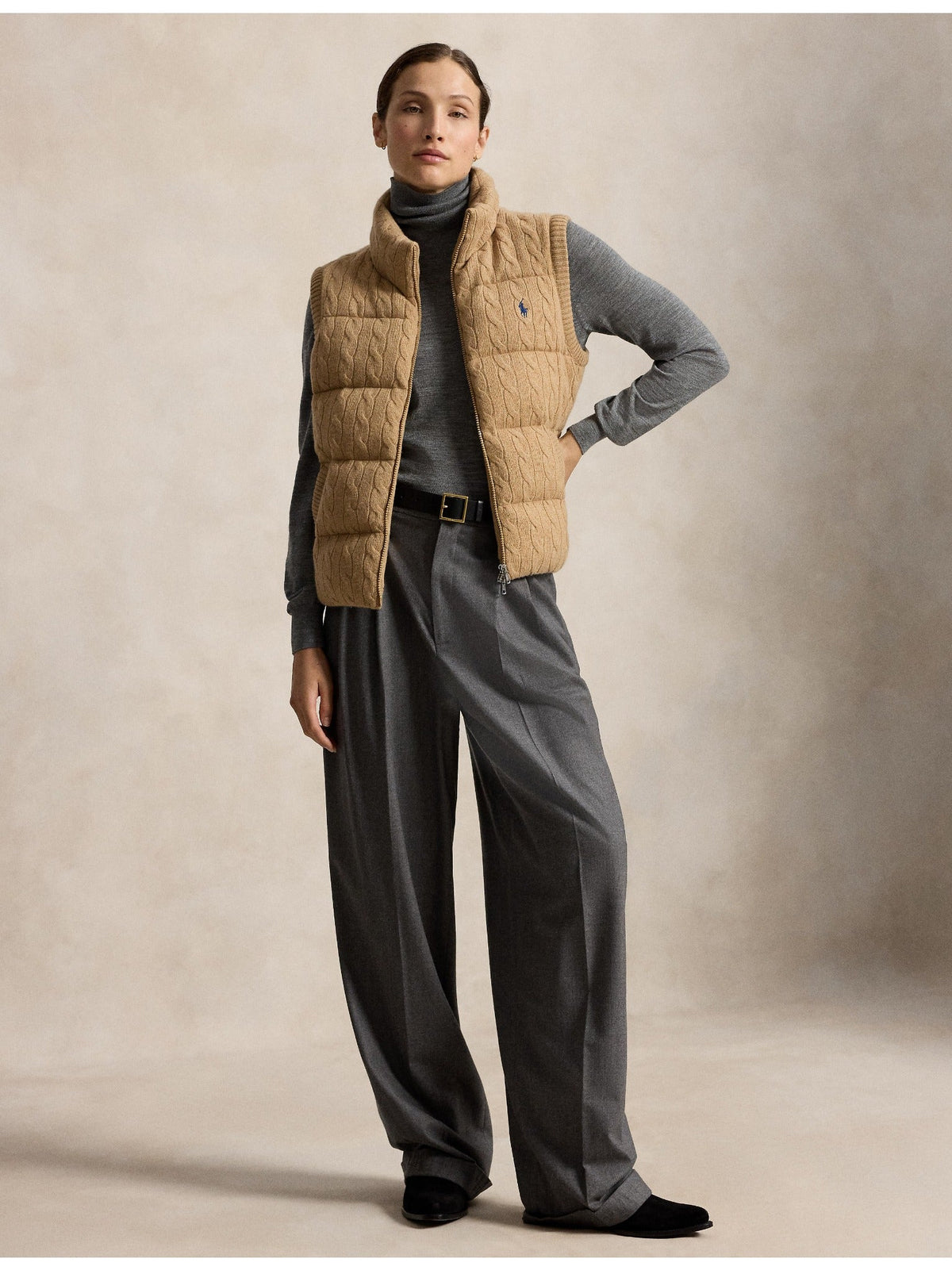 RALPH LAUREN WOMEN Cable-Knit Wool-Cashmere Zip Vest Collection Camel Melange