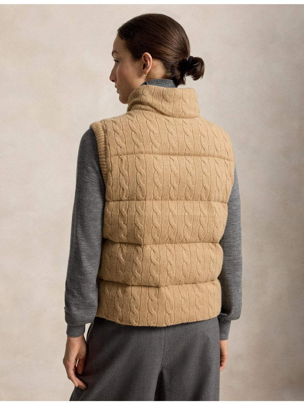 RALPH LAUREN WOMEN Cable-Knit Wool-Cashmere Zip Vest Collection Camel Melange