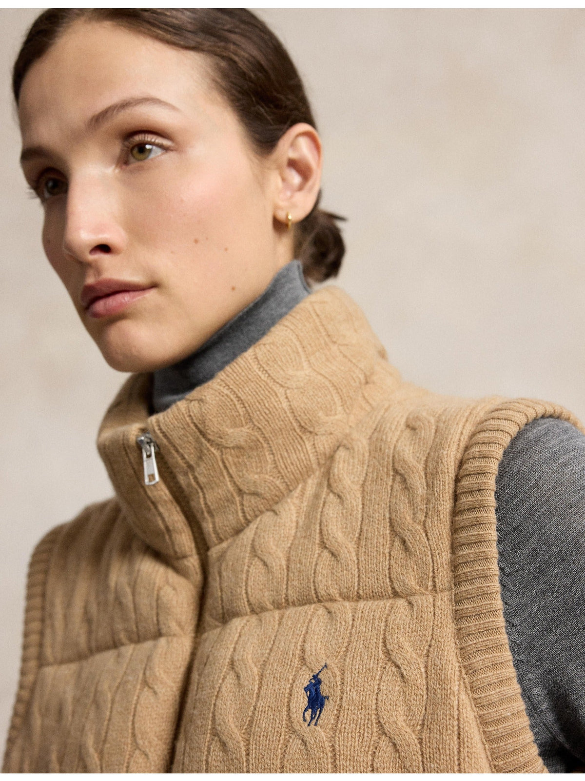 RALPH LAUREN WOMEN Cable-Knit Wool-Cashmere Zip Vest Collection Camel Melange