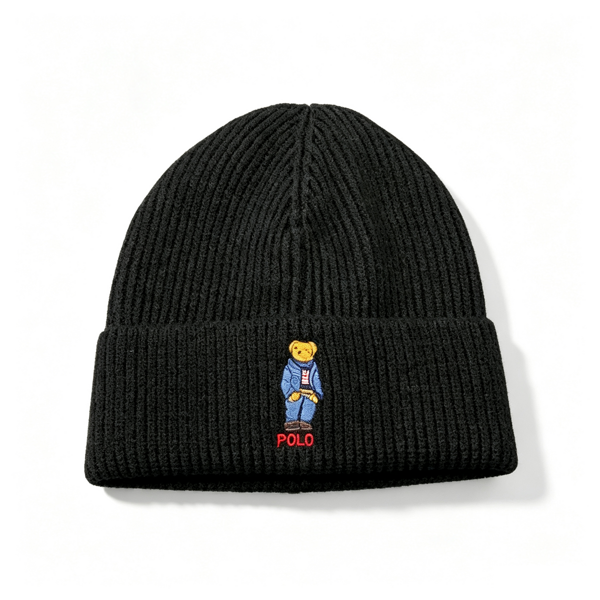 Polo Bear Embroidered Ribbed Knit Beanie, Black Warm Winter Hat