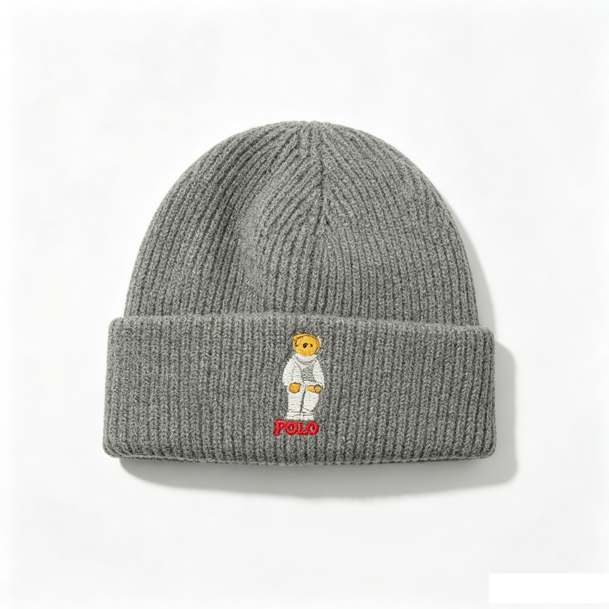 Polo Bear Logo Knitted Beanie, Dark Grey Classic Winter Skull Hat