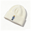 Polo Bear Logo Ribbed Knit Beanie, Cream White Casual Winter Skull Cap