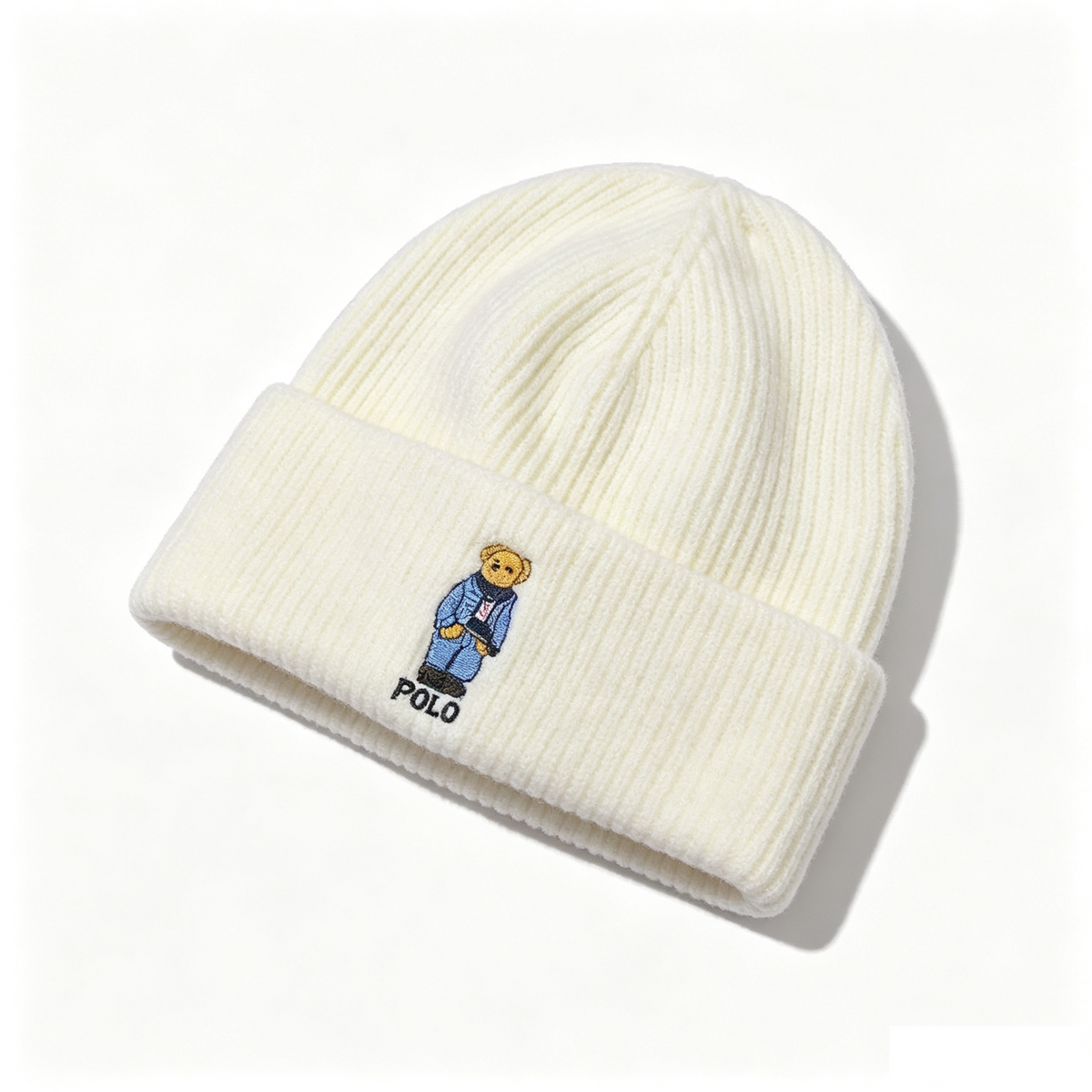 Polo Bear Logo Ribbed Knit Beanie, Cream White Casual Winter Skull Cap