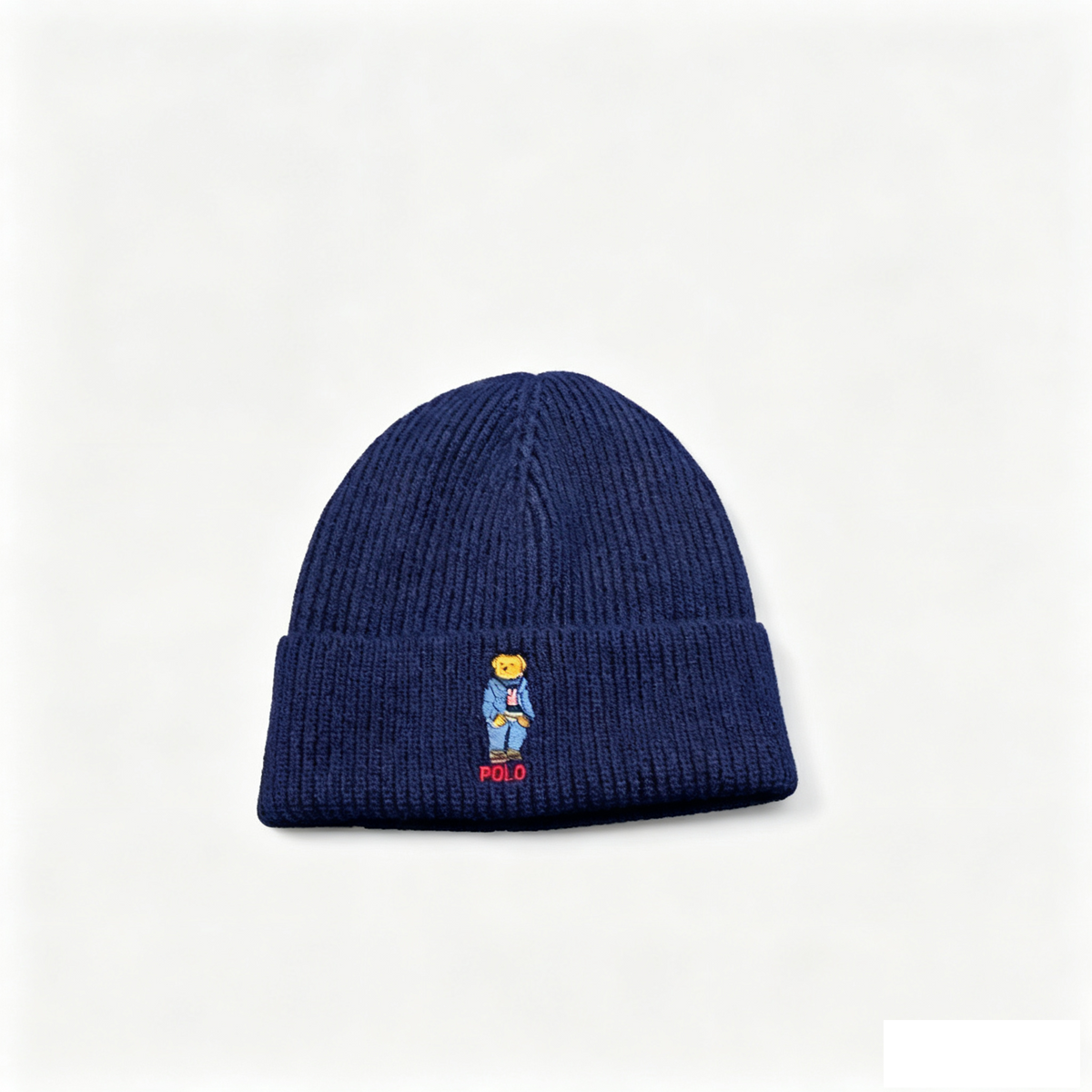 Polo Bear Embroidered Ribbed Knit Beanie, Navy Blue Warm Winter Hat