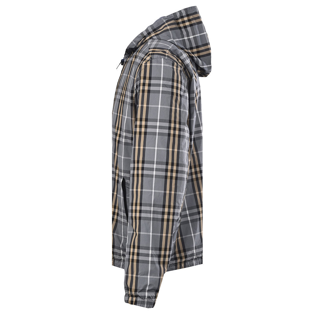 BURBERRY BBR Grey-Green Check Reversible Hooded Jacket