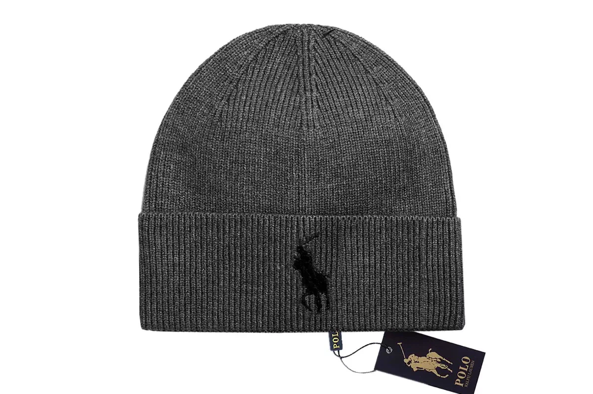 Polo Embroidered Pony Rib Knit Cuffed Beanie, Medium Grey Warm Skull Cap 55‑59cm