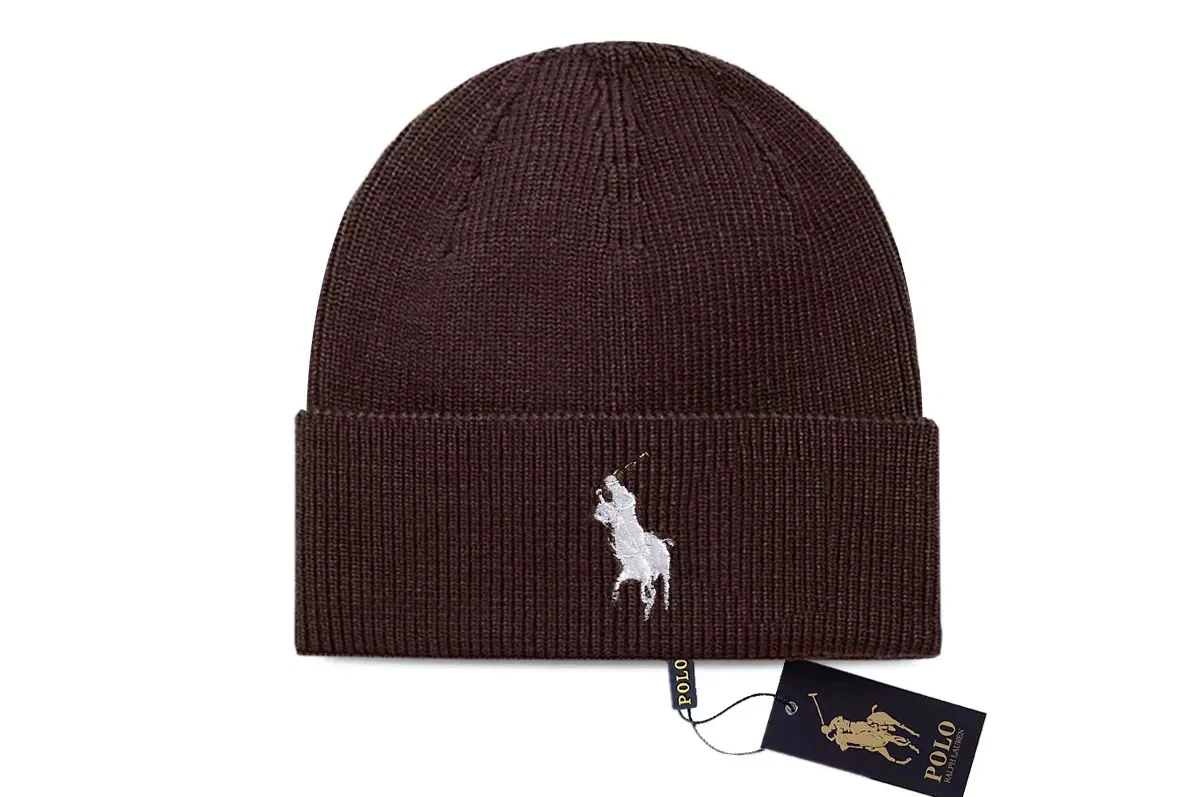 Polo Pony Logo Knitted Cuffed Beanie, Dark Brown Casual Winter Hat 55‑59cm Adjustable