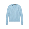 Polo Ralph Lauren Women V‑Neck Cable‑Knit Sweater, Light Blue Pony Logo Jumper