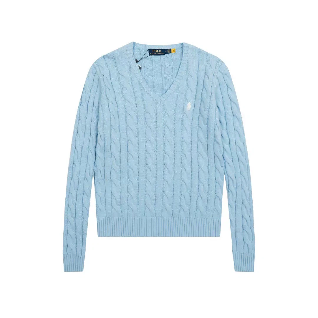 Polo Ralph Lauren Women V‑Neck Cable‑Knit Sweater, Light Blue Pony Logo Jumper