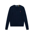 Polo Ralph Lauren Red Pony Logo Cable‑Knit V‑Neck Sweater, Dark Navy Women Knit Top
