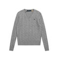 Polo Ralph Lauren Women Cable Knit V‑Neck Jumper, Heather Grey Pony Embroidered Sweater