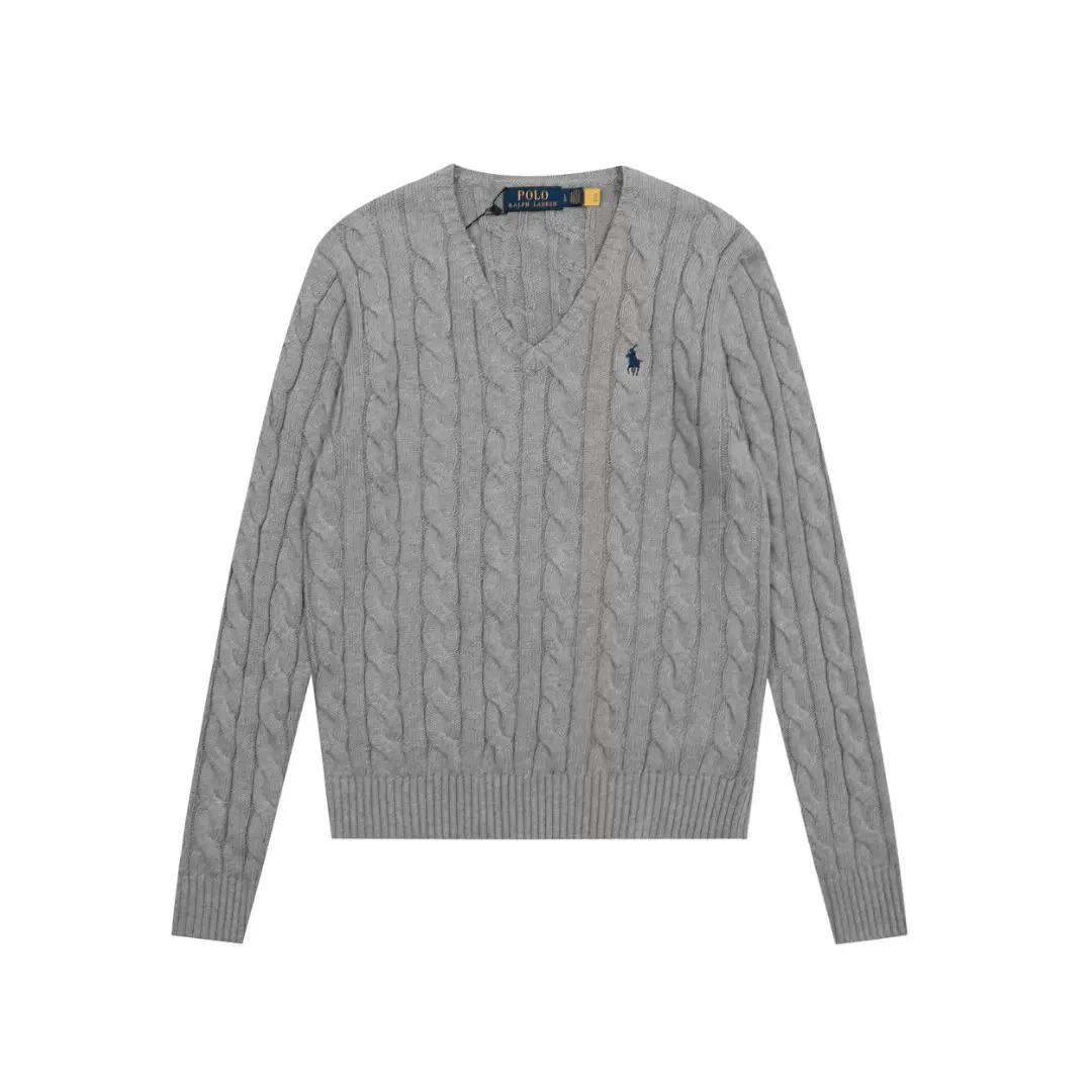 Polo Ralph Lauren Women Cable Knit V‑Neck Jumper, Heather Grey Pony Embroidered Sweater