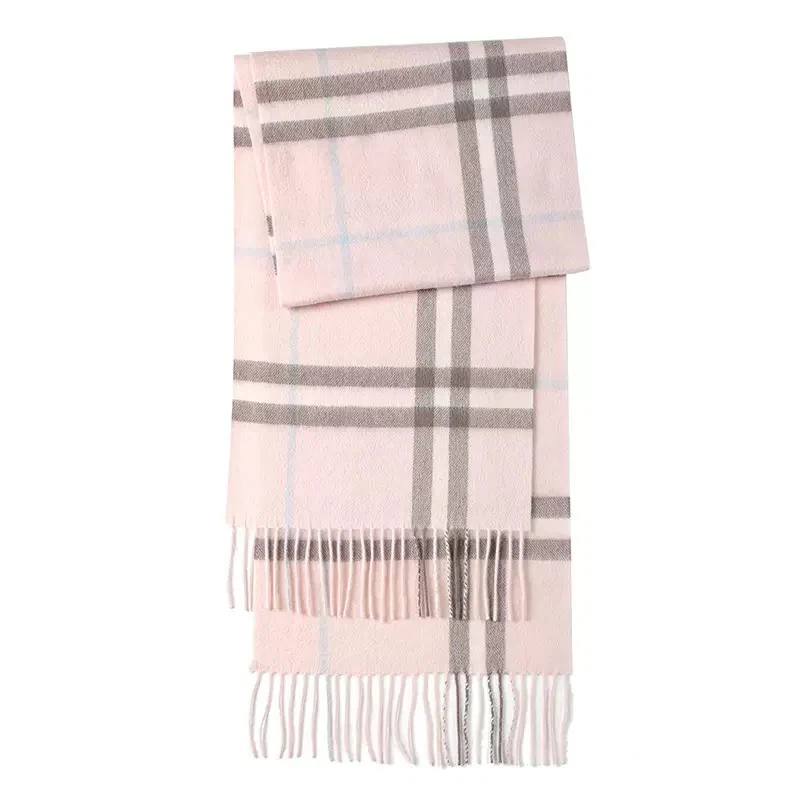 Burberry Women Wool Scarf, Check Plaid Tassel, Light Pink