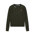 Polo Ralph Lauren Orange Pony Embroidered Cable‑Knit V‑Neck Sweater, Olive Green Women Knit Top