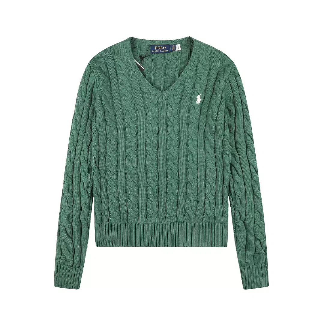 Polo Ralph Lauren Women Cable Knit V‑Neck Jumper, Teal Green White Pony Embroidered Sweater