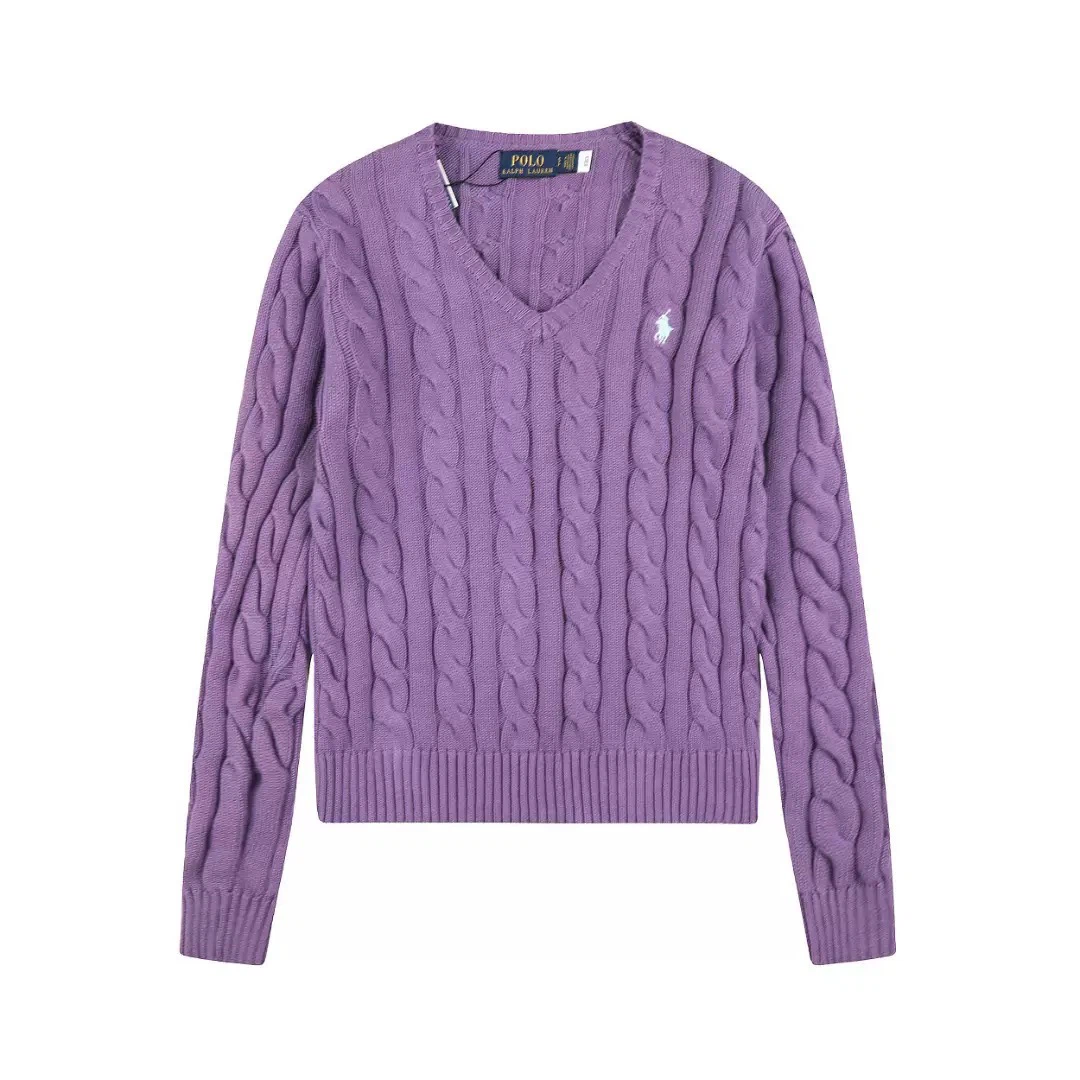 Polo Ralph Lauren White Pony Embroidered Cable‑Knit V‑Neck Sweater, Lilac Women Knit Top