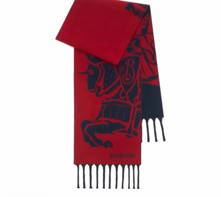 Burberry Unisex Wool Scarf, Equestrian Knight Logo, Red & Navy Two‑Tone Tassel