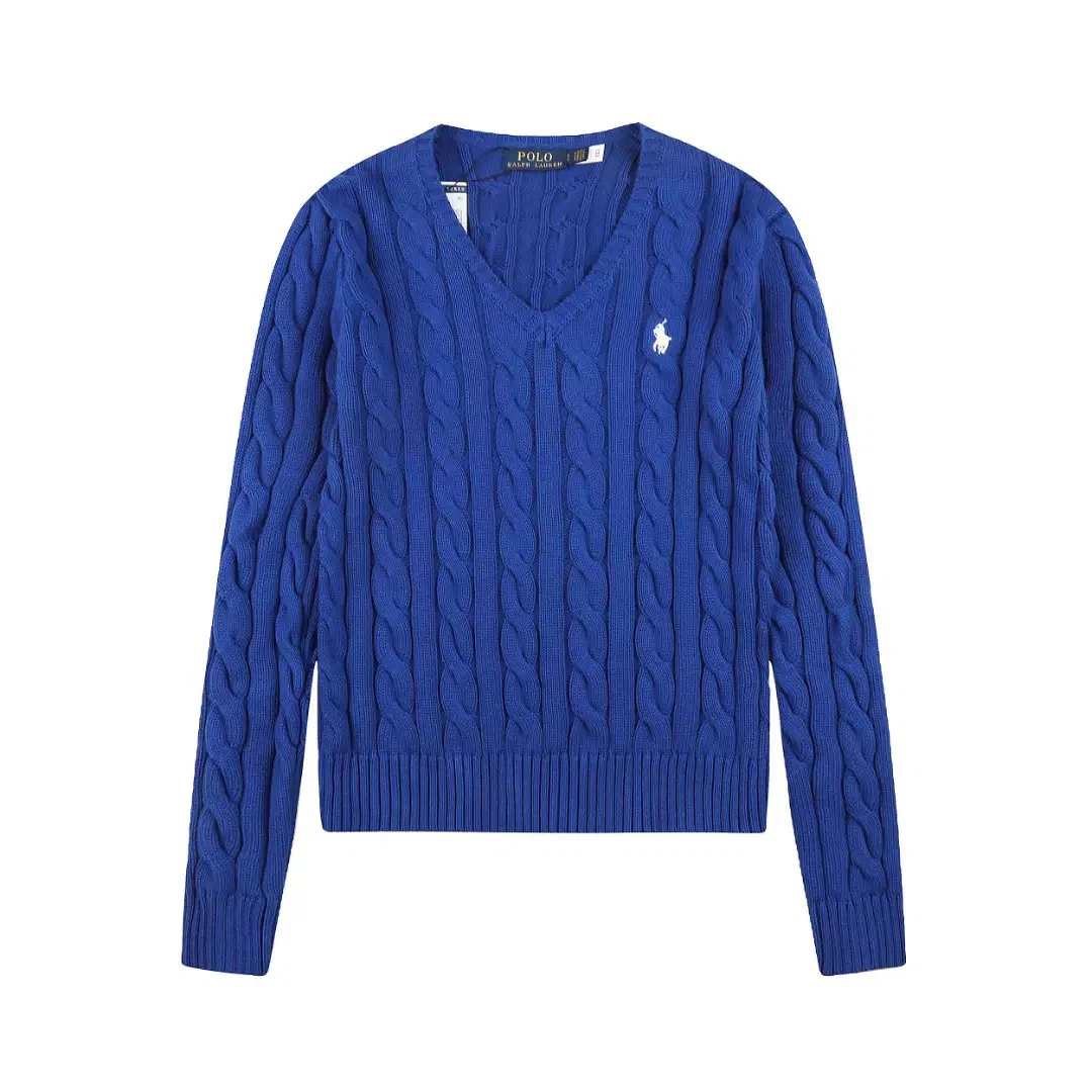 Polo Ralph Lauren Women Cable Knit V‑Neck Jumper, Royal Blue White Pony Embroidered Sweater