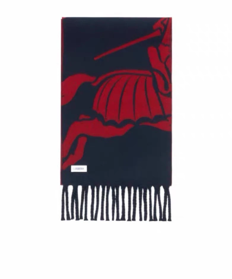 Burberry Unisex Wool Scarf, Equestrian Knight Logo, Red & Navy Two‑Tone Tassel