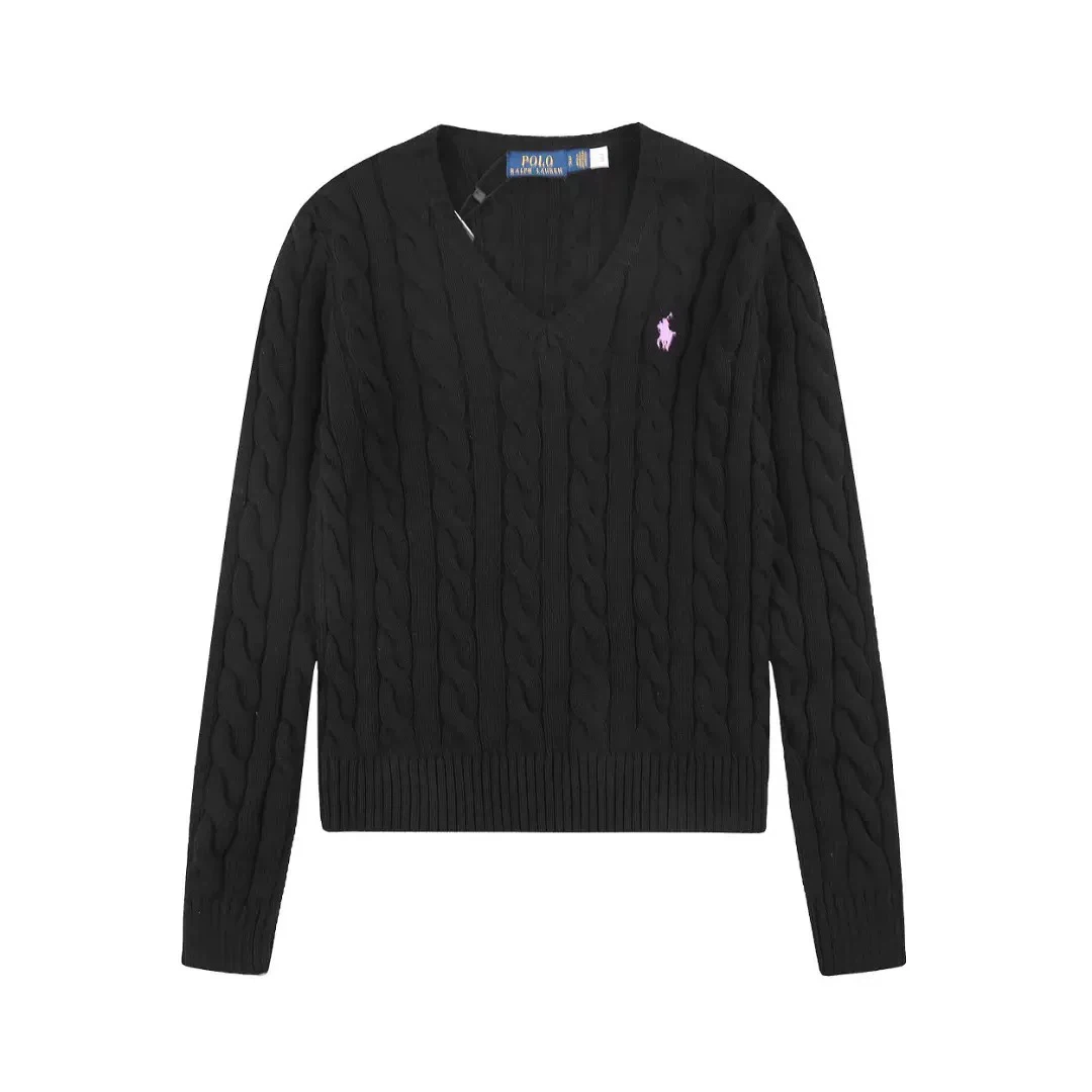 Polo Ralph Lauren Pink Pony Logo Cable‑Knit V‑Neck Sweater, Black Women Long Sleeve Jumper
