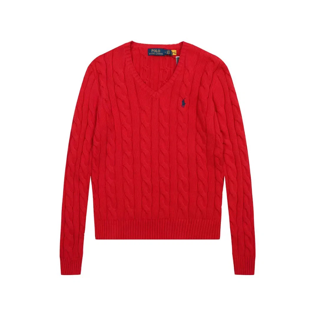 Polo Ralph Lauren Navy Pony Embroidered Cable‑Knit V‑Neck Sweater, Red Women Knit Jumper