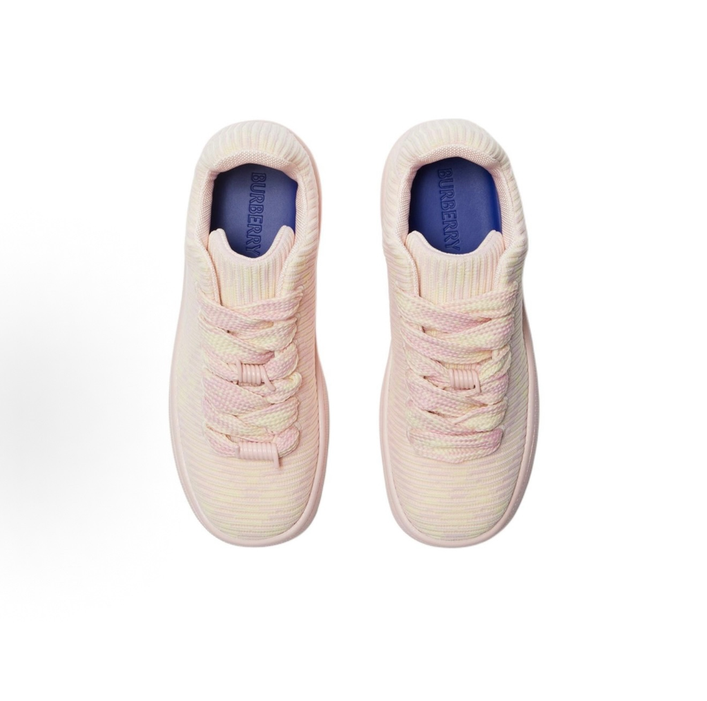 Burberry Women Stretch Knit Low‑Top Sneakers, Pastel Pink Jacquard Casual Board Shoes Thick Rope Laces Daily Footwear