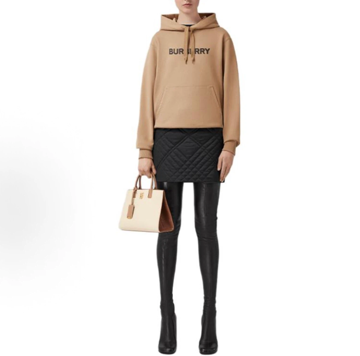 Burberry Unisex Hoodie Black Logo Print Camel