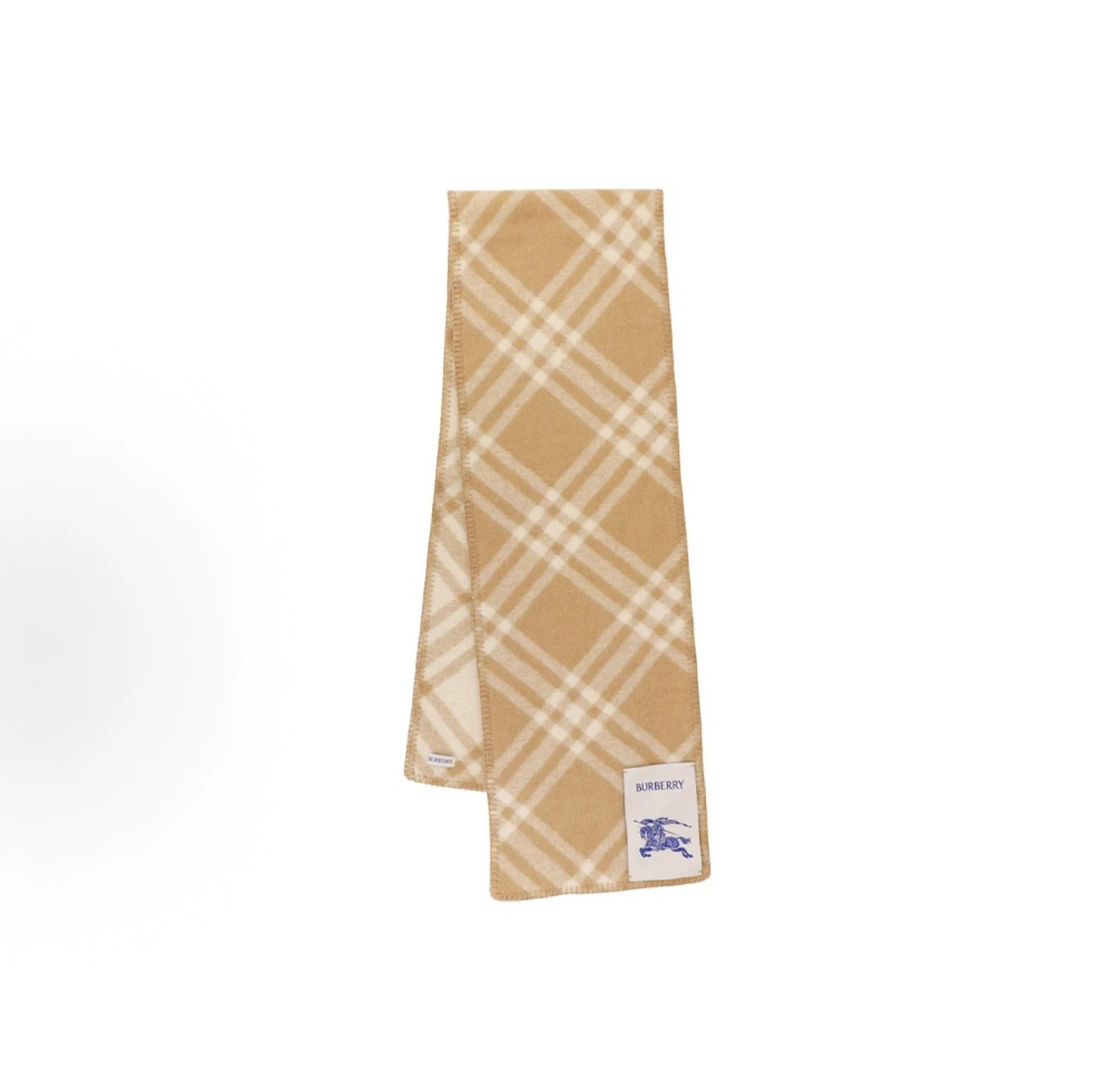 Burberry Unisex Wool Knit Scarf, Equestrian Knight Logo, Blanket‑Stitched Edge, Beige