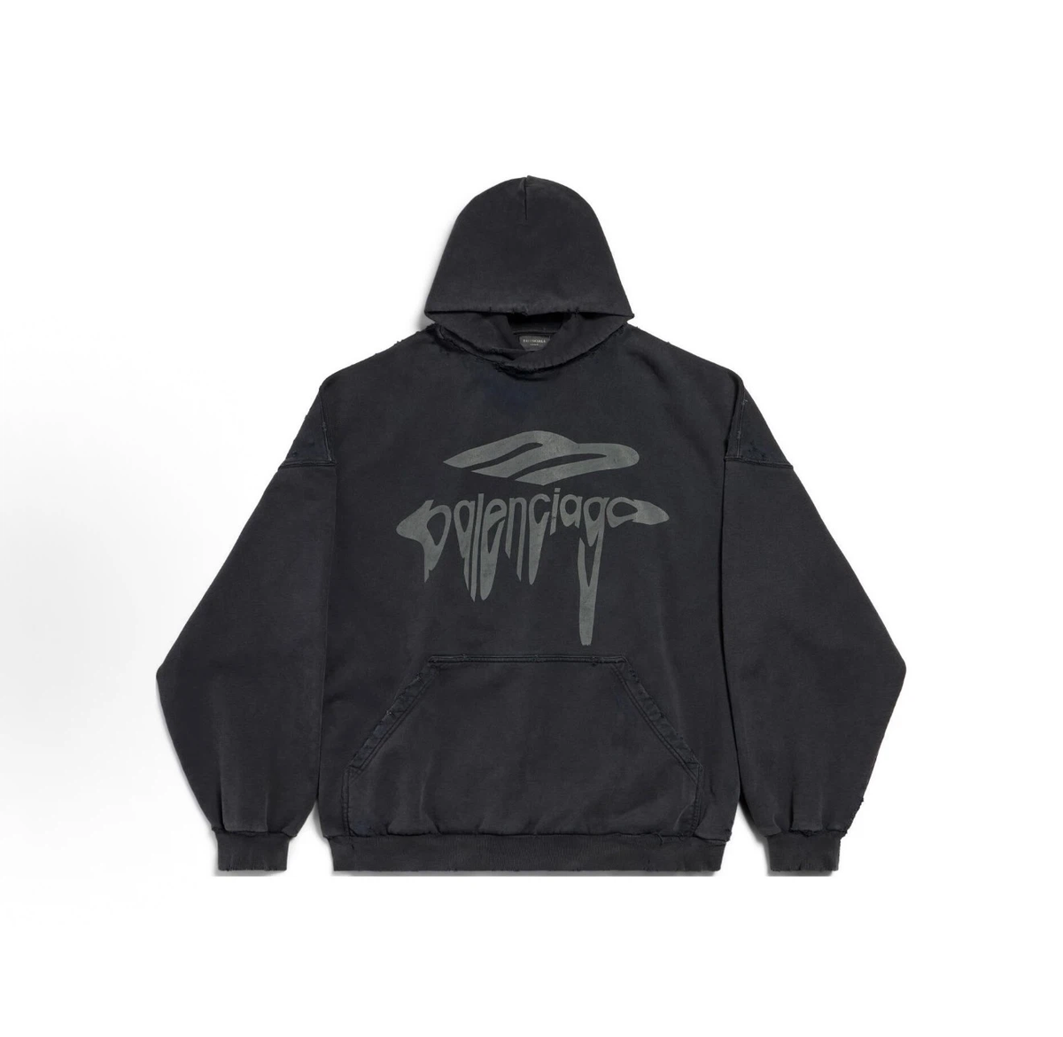 Balenciaga Vintage Washed Distorted Logo Hoodie Oversized Unisex Black Sweatshirt