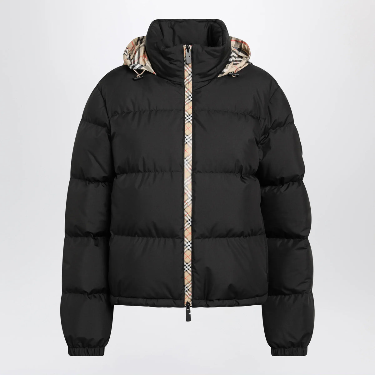 Burberry - Black Zip-Up Down Jacket with Check Detail