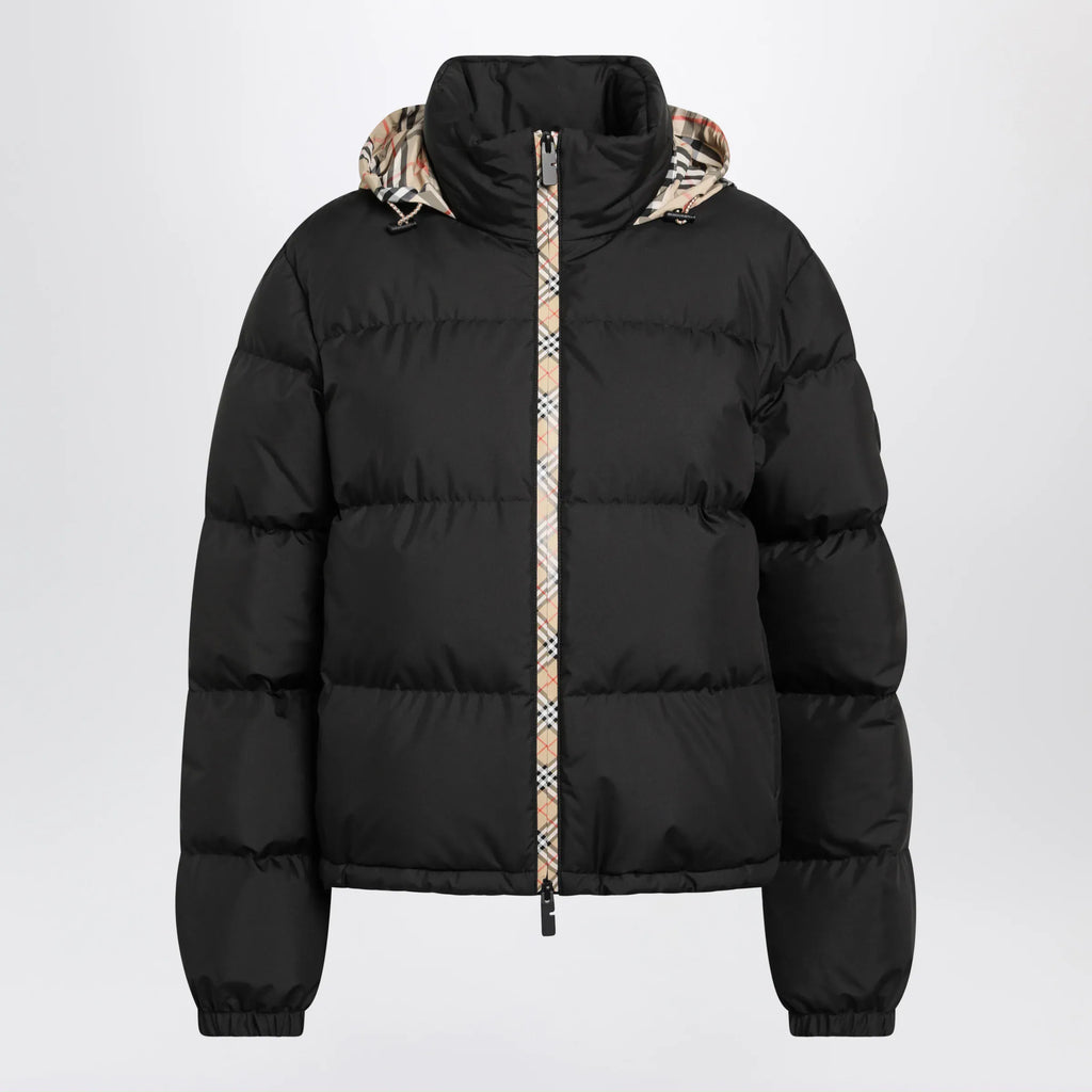 Burberry - Black Zip-Up Down Jacket with Check Detail